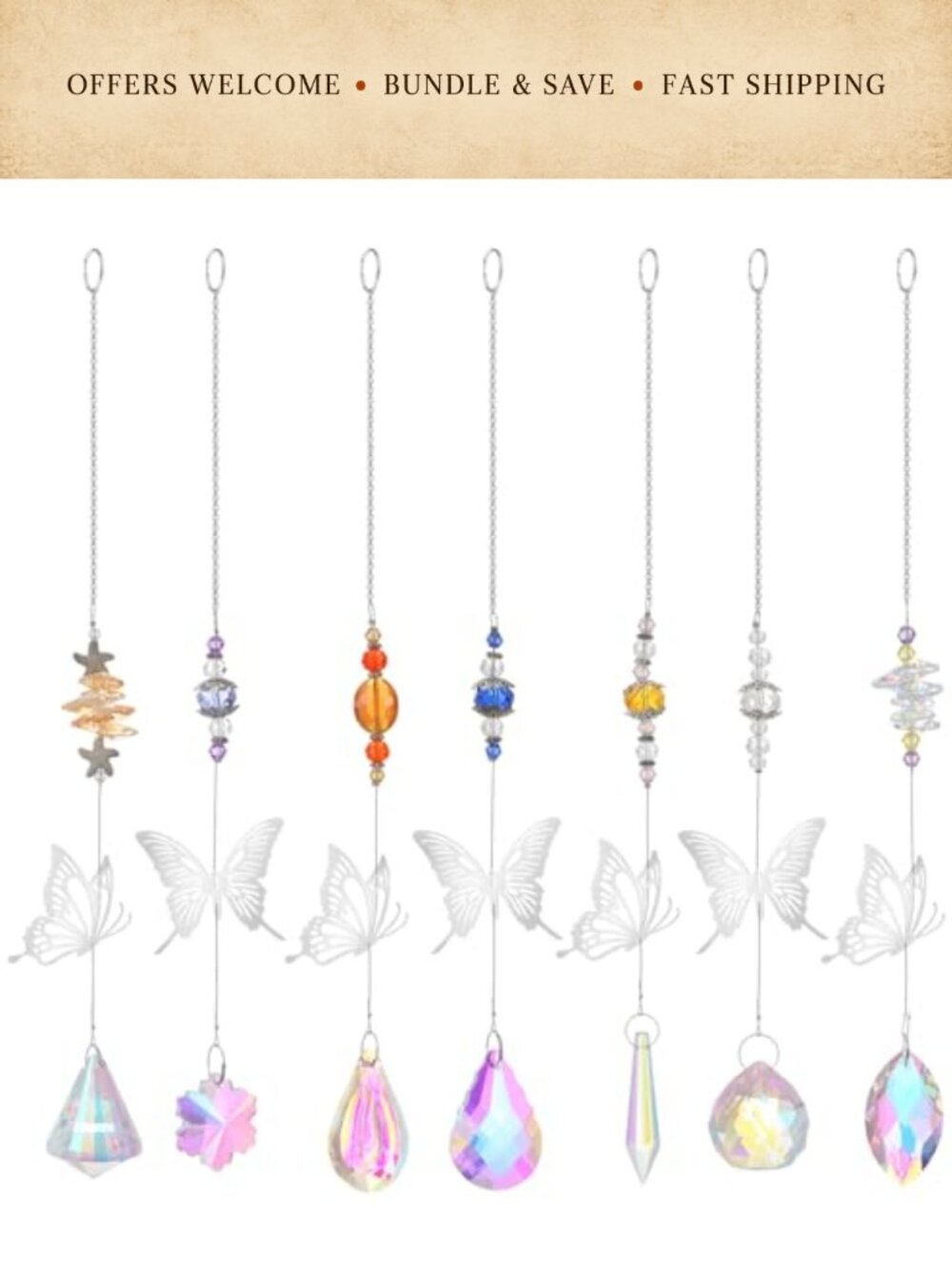Crystal Butterfly Suncatcher Set 7pc Hanging Ornaments with Metal Hooks